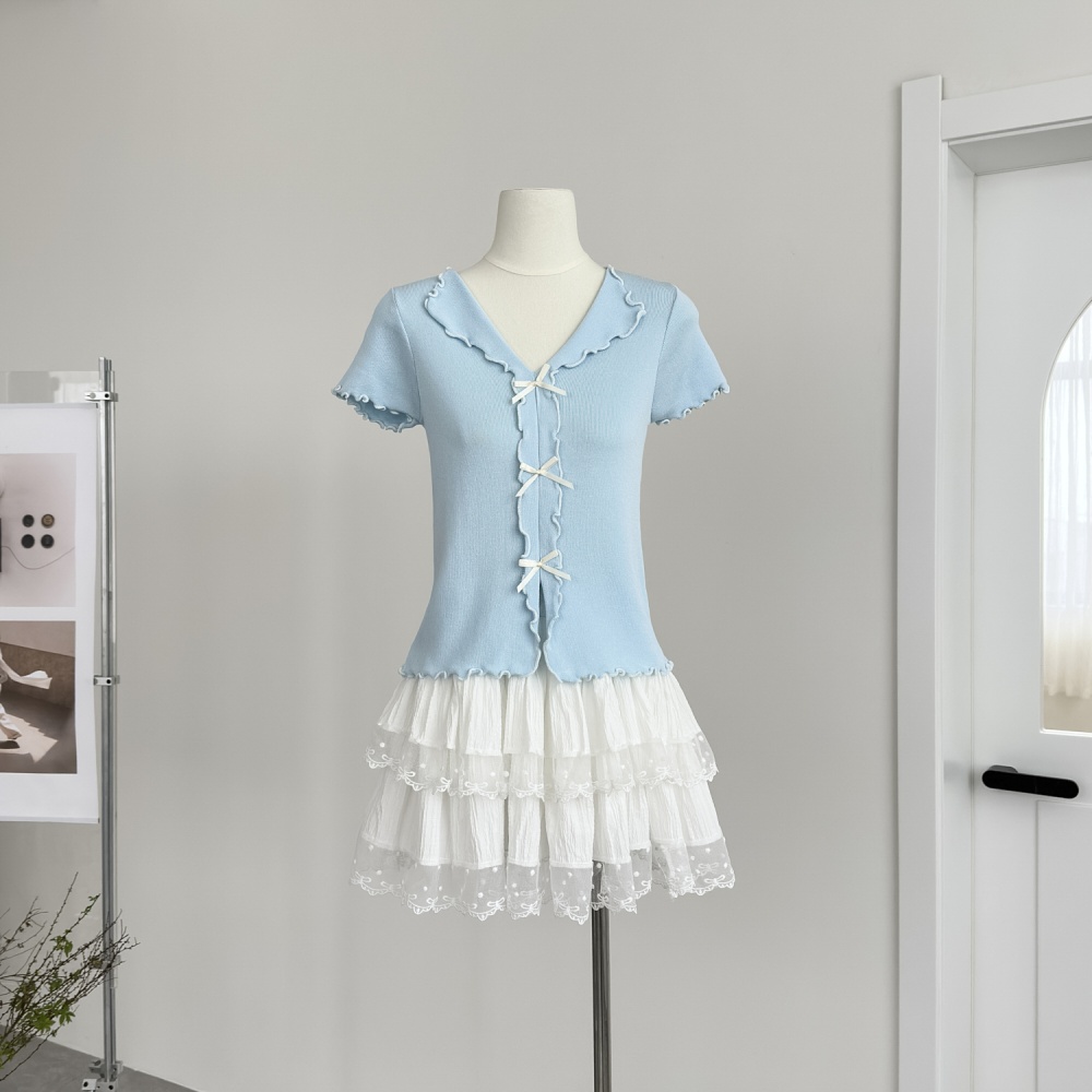 V-neck bow wood ear sweater temperament summer tops for women