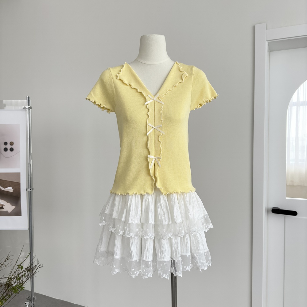 V-neck bow wood ear sweater temperament summer tops for women