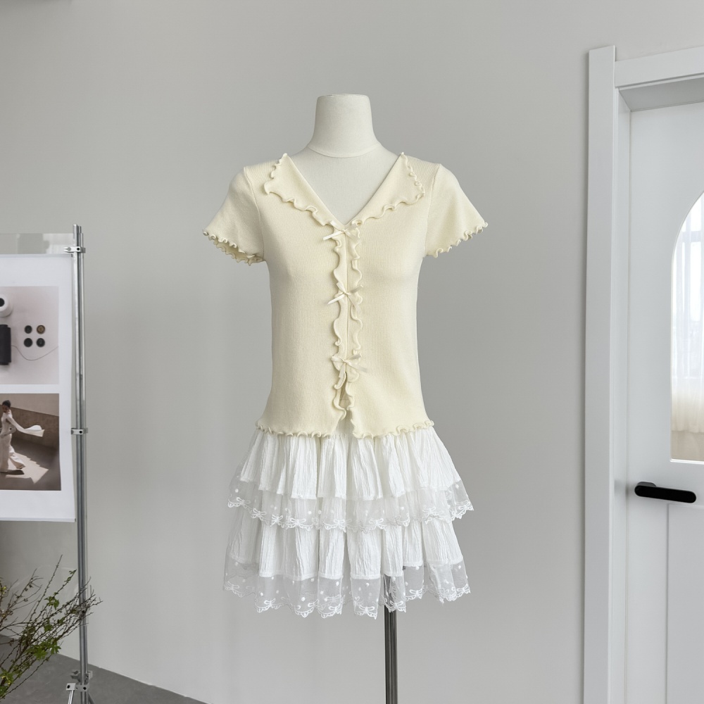 V-neck bow wood ear sweater temperament summer tops for women