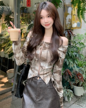 Holes flat shoulder tie dye drawstring shirt slim short zip tops