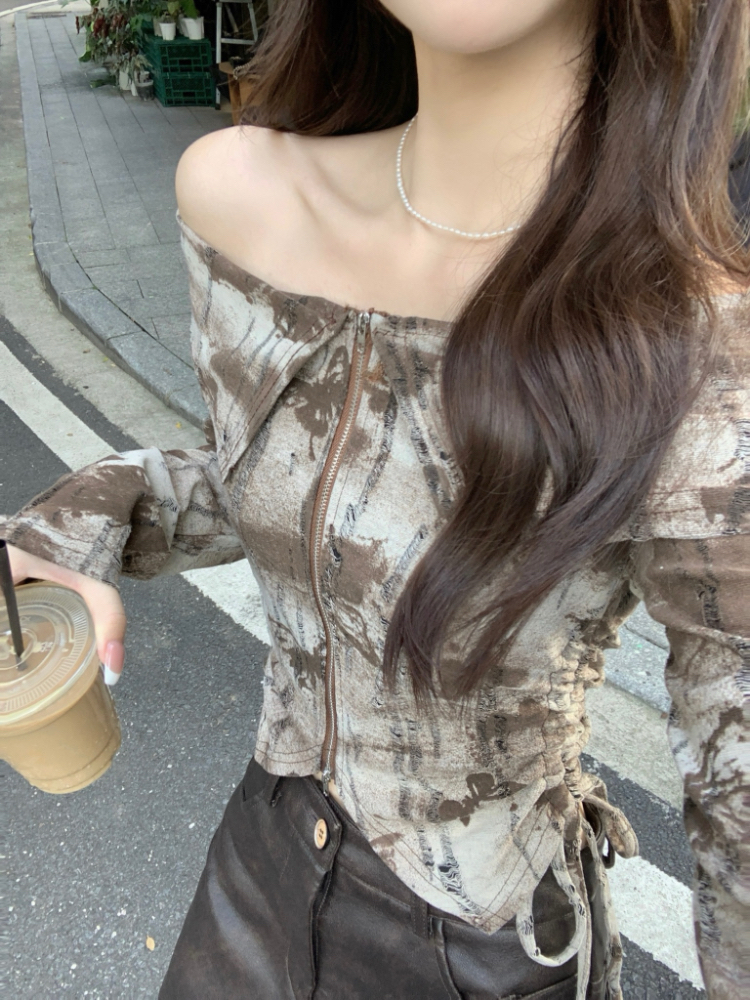 Holes flat shoulder tie dye drawstring shirt slim short zip tops