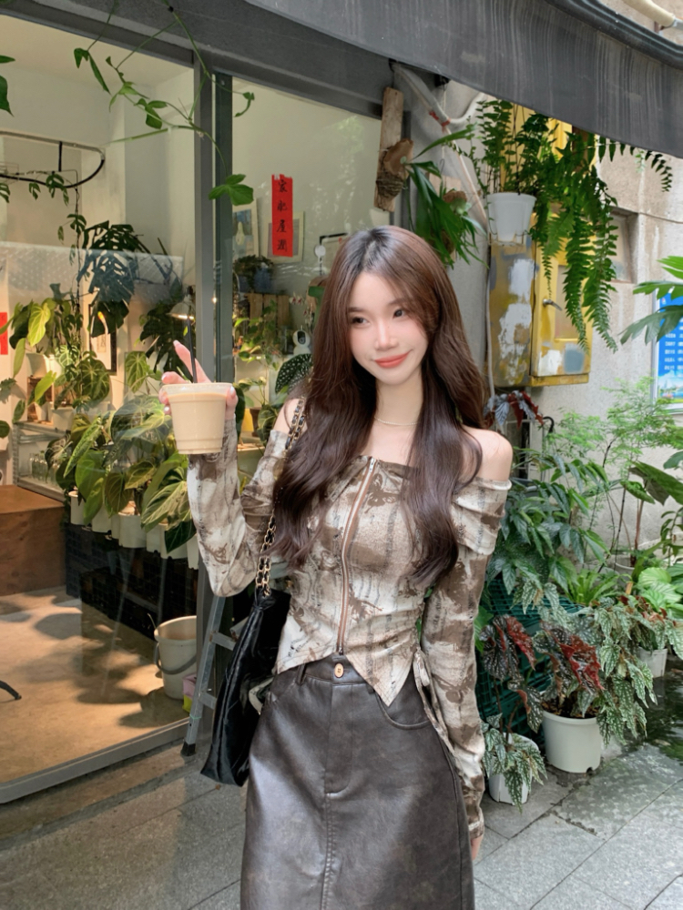 Holes flat shoulder tie dye drawstring shirt slim short zip tops