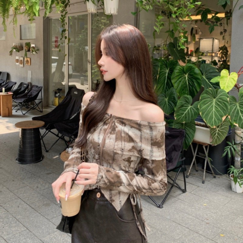Holes flat shoulder tie dye drawstring shirt slim short zip tops