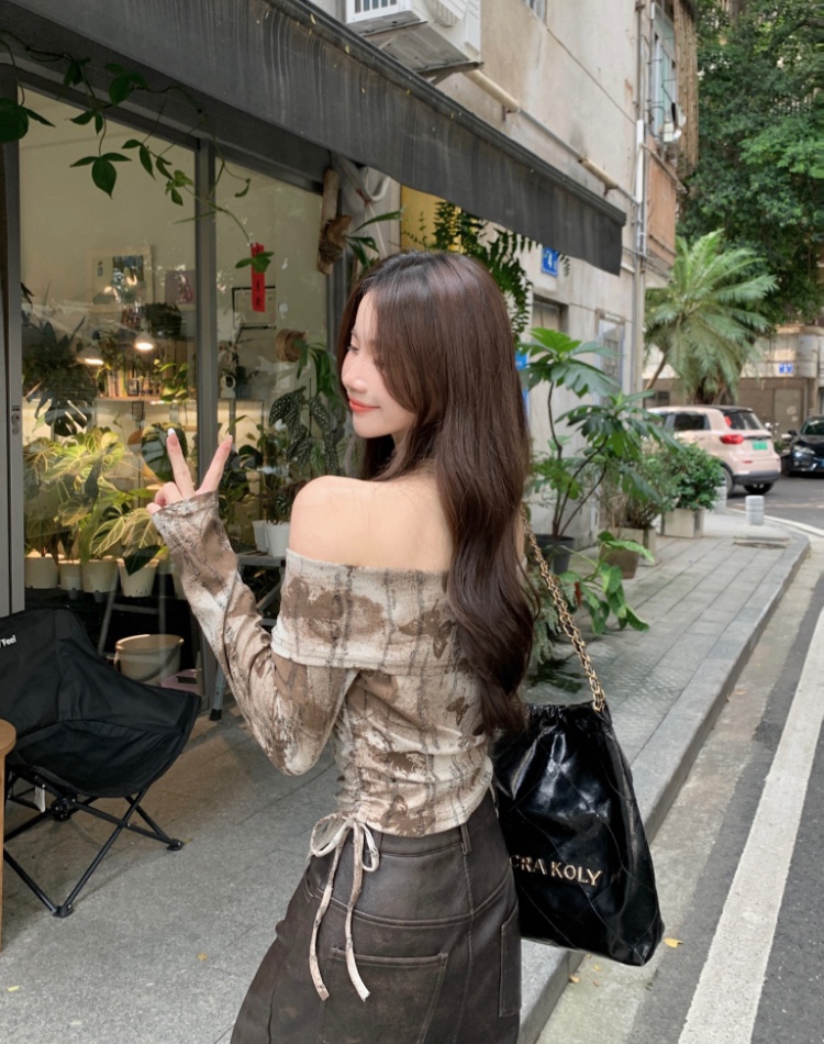 Holes flat shoulder tie dye drawstring shirt slim short zip tops