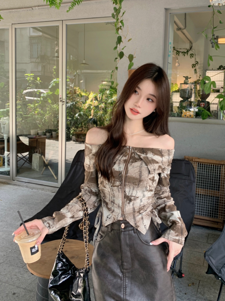 Holes flat shoulder tie dye drawstring shirt slim short zip tops