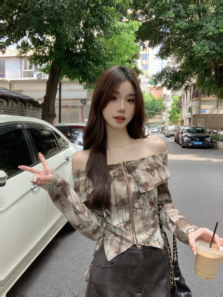 Holes flat shoulder tie dye drawstring shirt slim short zip tops