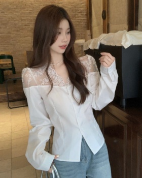 Embroidery lace V-neck tops temperament white shirt for women
