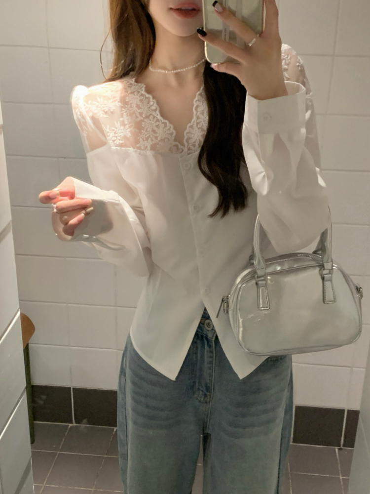 Embroidery lace V-neck tops temperament white shirt for women
