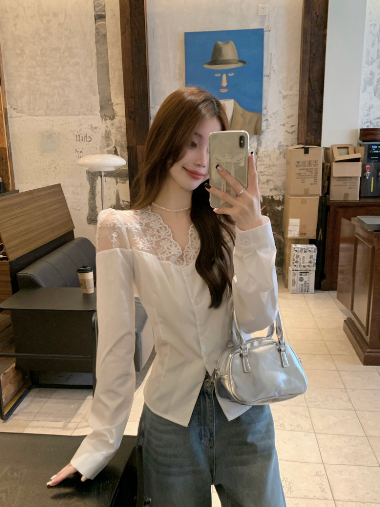 Embroidery lace V-neck tops temperament white shirt for women