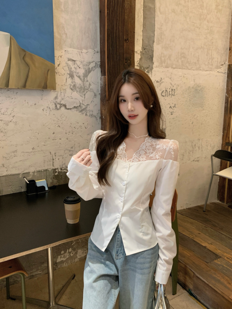 Embroidery lace V-neck tops temperament white shirt for women