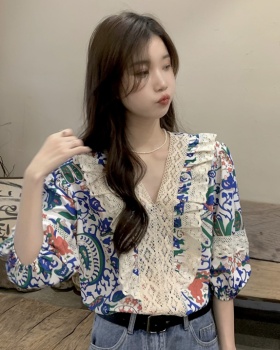 Floral retro small shirt loose splice shirt