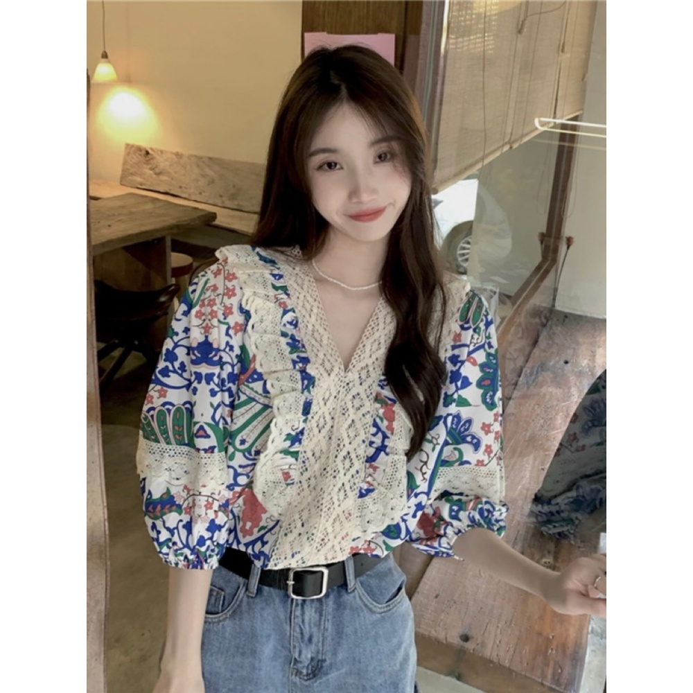Floral retro small shirt loose splice shirt