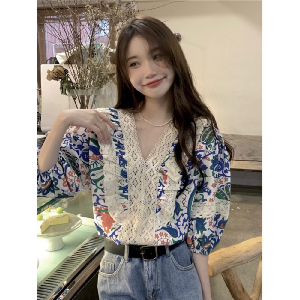 Floral retro small shirt loose splice shirt