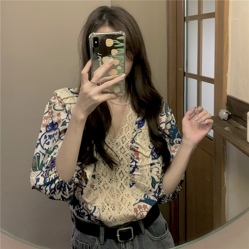 Floral retro small shirt loose splice shirt