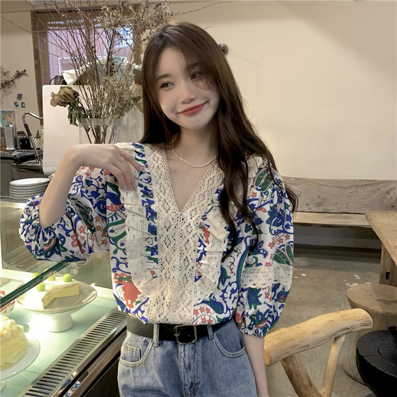 Floral retro small shirt loose splice shirt