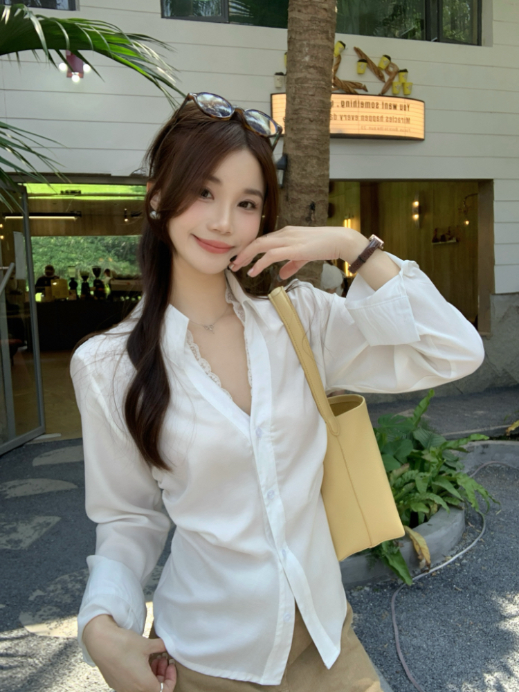 All-match white shirt retro autumn tops for women