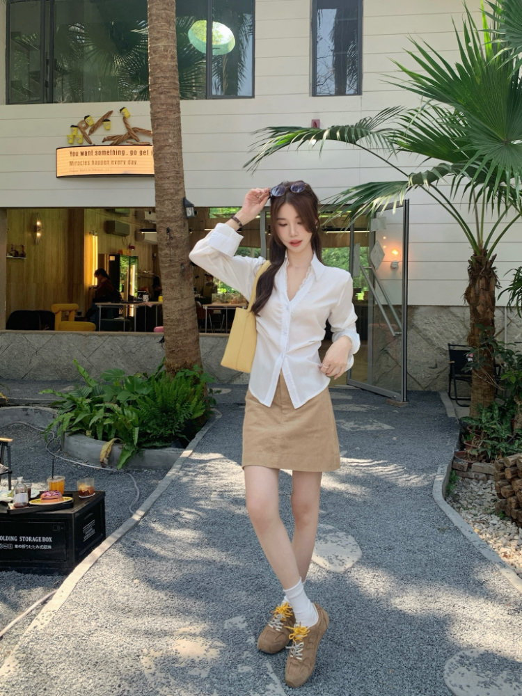All-match white shirt retro autumn tops for women