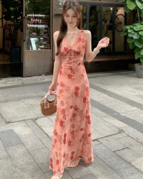 Tender vacation floral pink France style V-neck dress