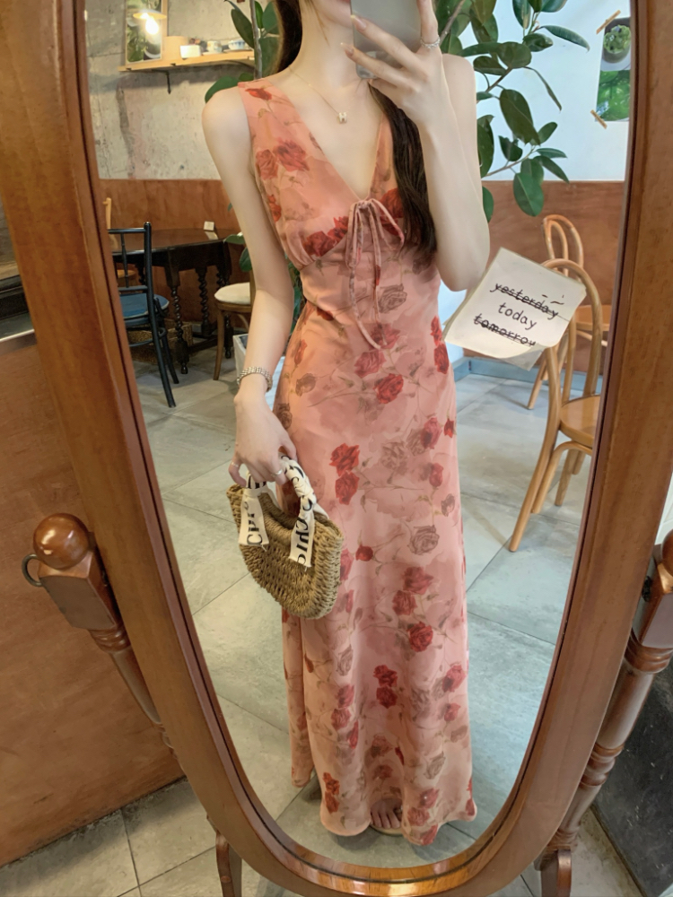 Tender vacation floral pink France style V-neck dress
