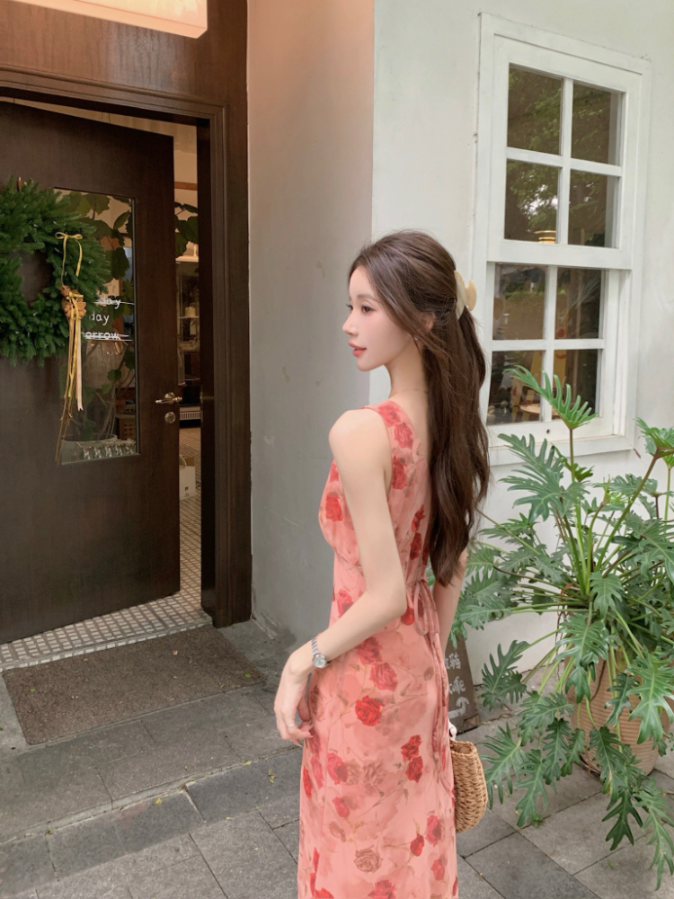Tender vacation floral pink France style V-neck dress