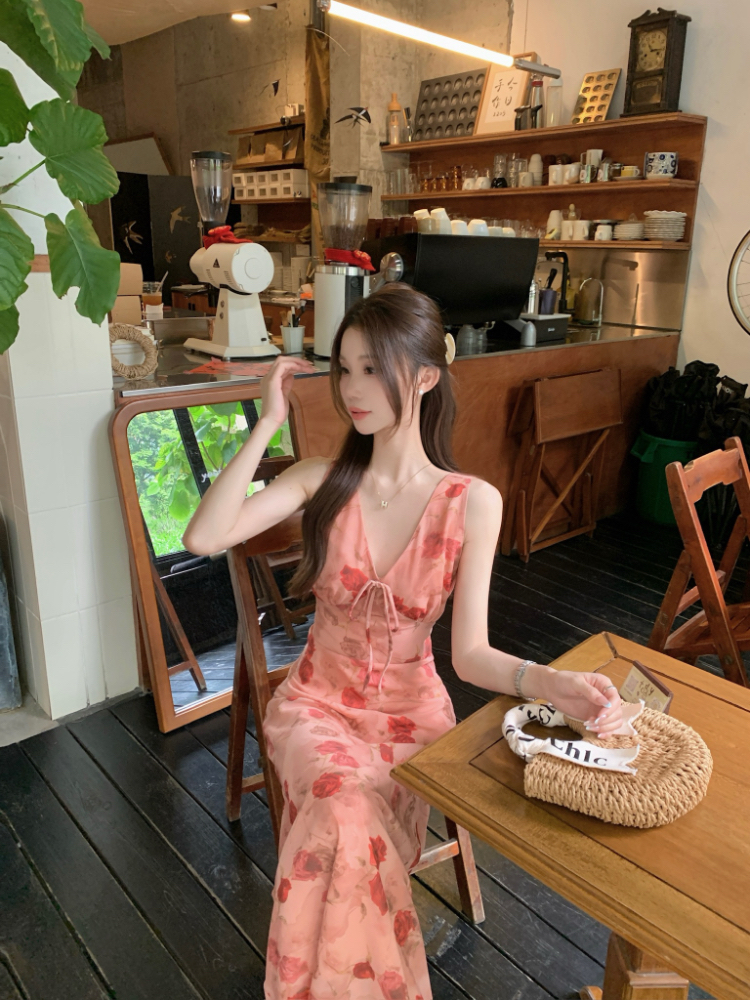 Tender vacation floral pink France style V-neck dress