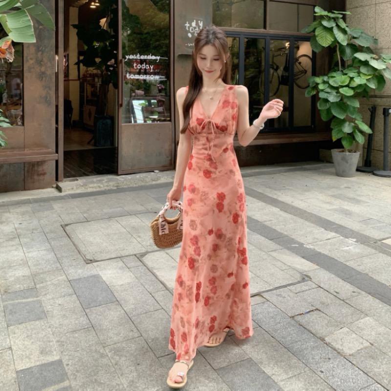 Tender vacation floral pink France style V-neck dress