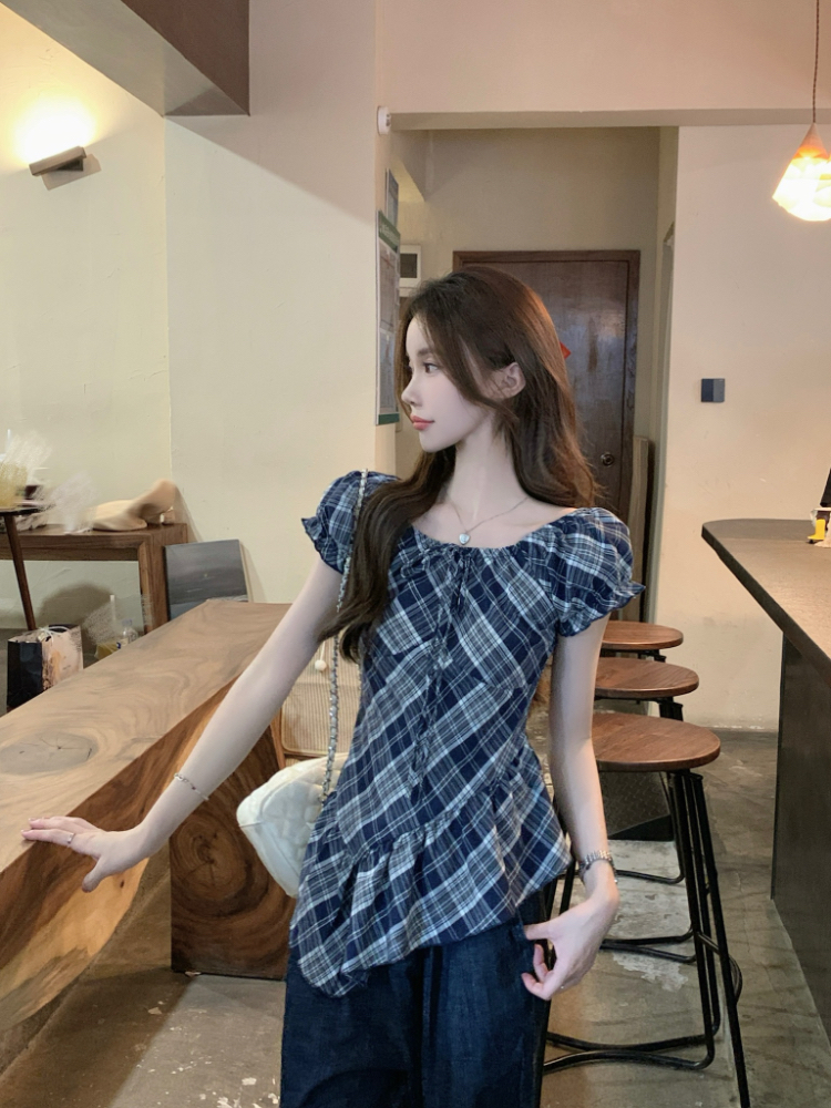 Korean style retro shirt puff sleeve hem tops for women