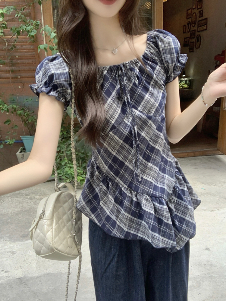 Korean style retro shirt puff sleeve hem tops for women
