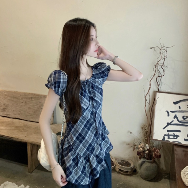 Korean style retro shirt puff sleeve hem tops for women