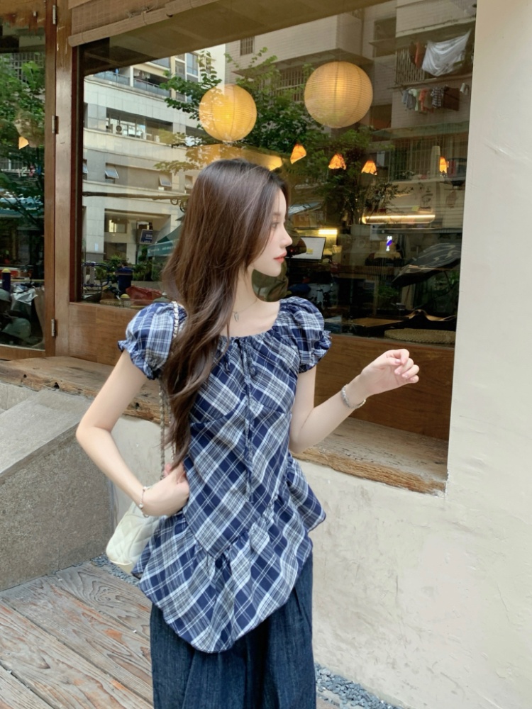 Korean style retro shirt puff sleeve hem tops for women