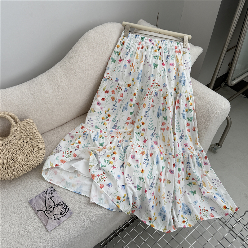 Long summer slim A-line floral high waist skirt for women