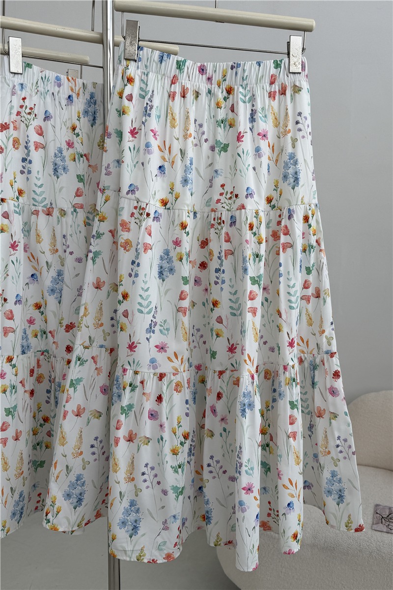 Long summer slim A-line floral high waist skirt for women