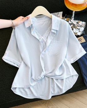 Splice lapel niche shirt summer Pseudo-two tops for women