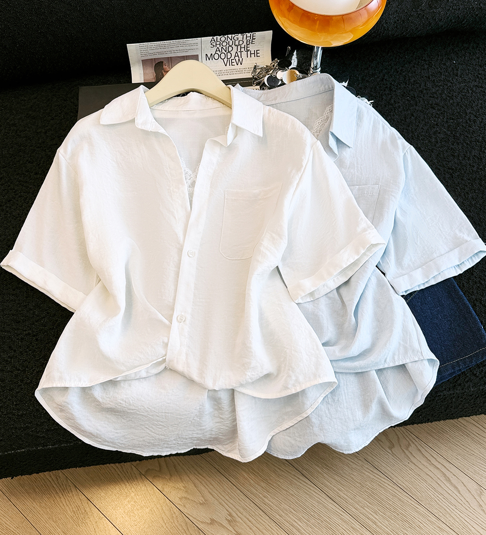 Splice lapel niche shirt summer Pseudo-two tops for women