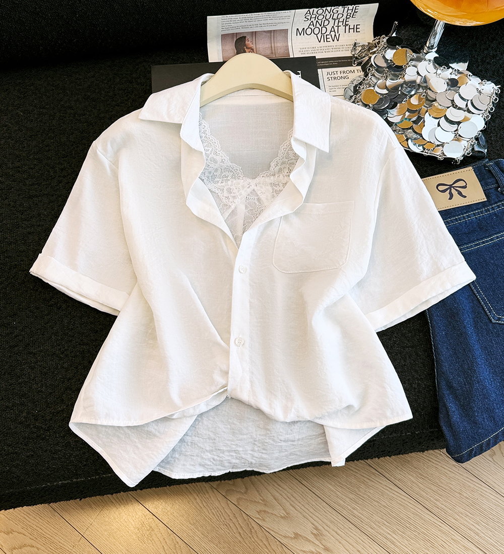 Splice lapel niche shirt summer Pseudo-two tops for women