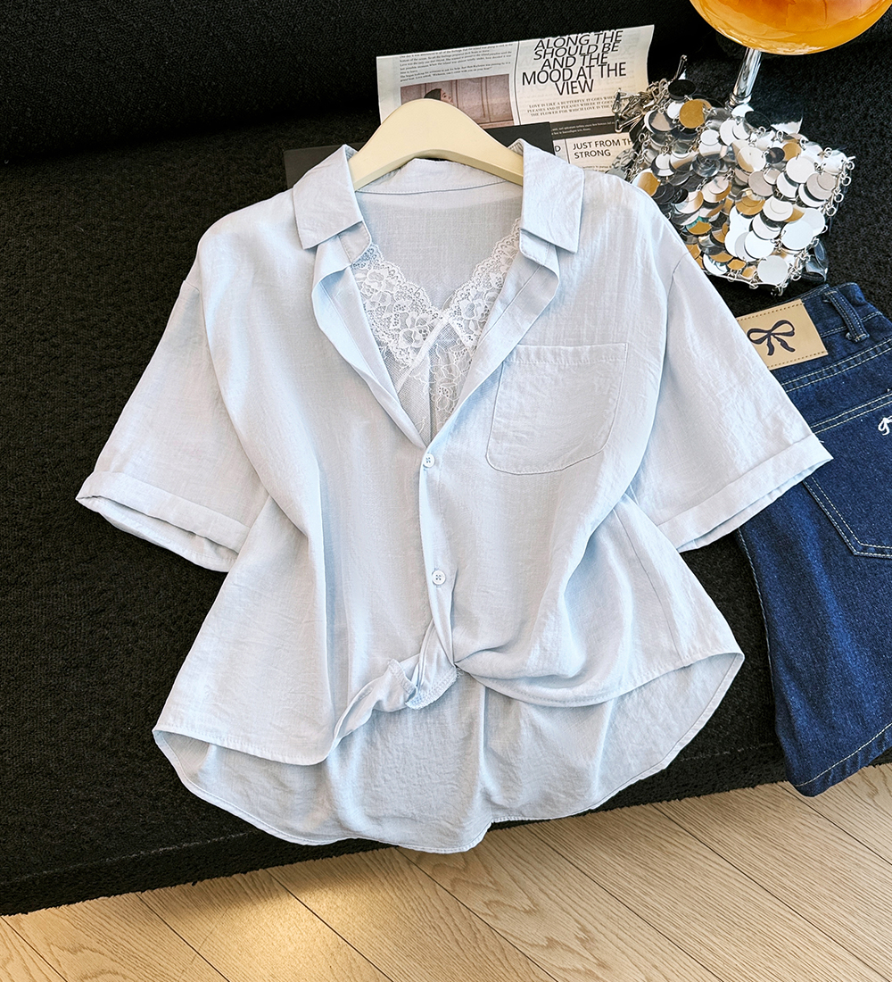 Splice lapel niche shirt summer Pseudo-two tops for women