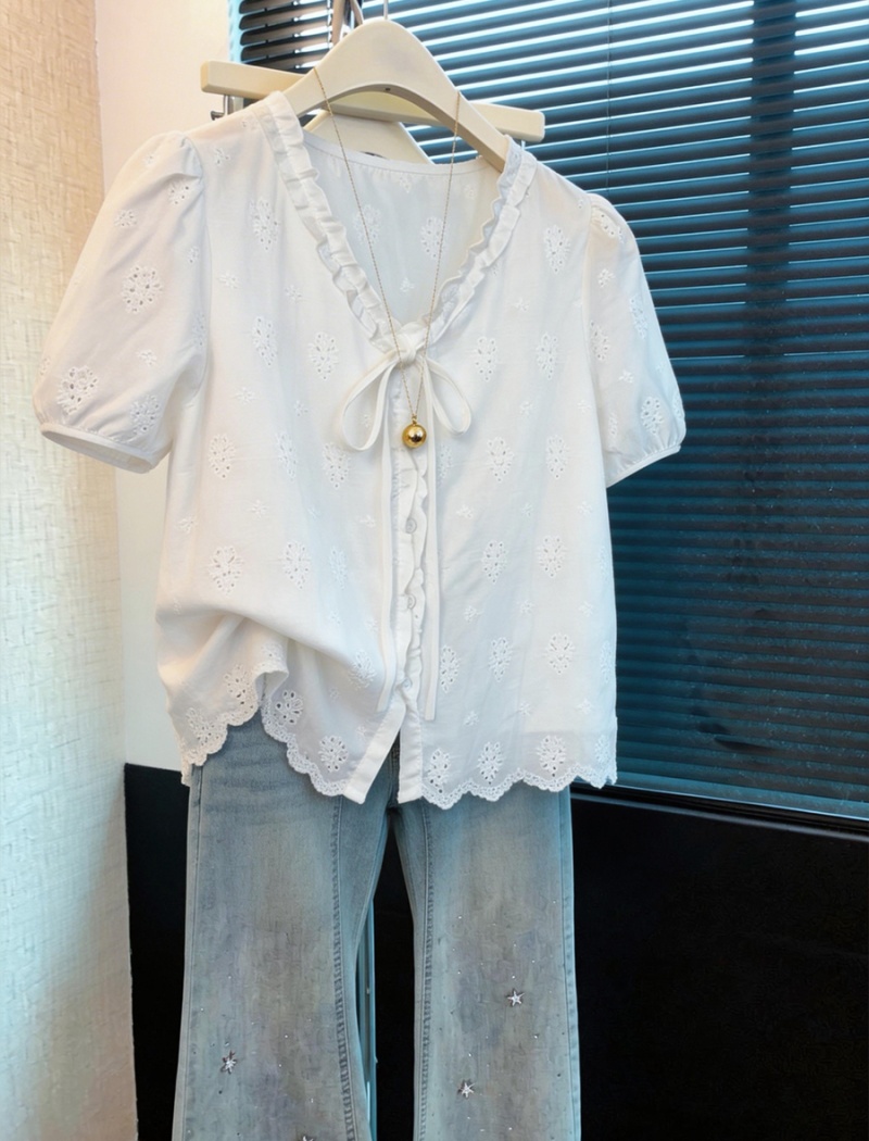 Summer short sleeve small shirt embroidery tops for women