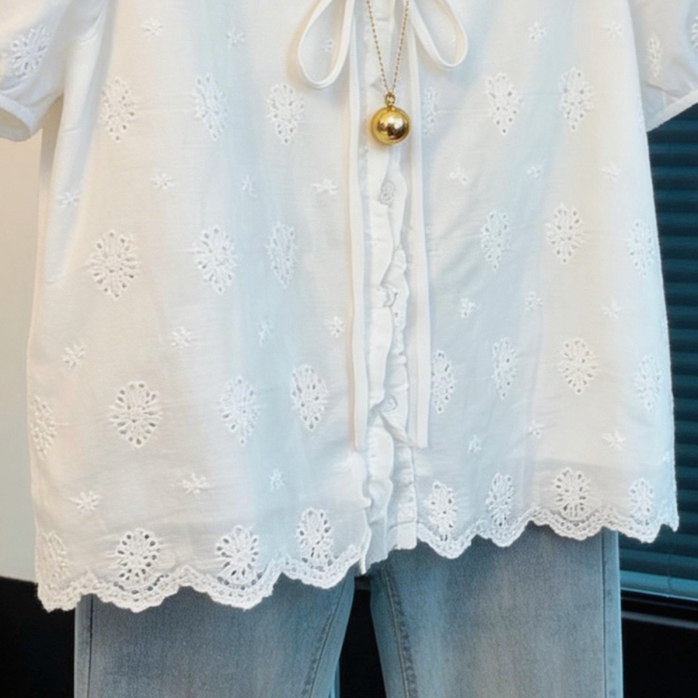 Summer short sleeve small shirt embroidery tops for women