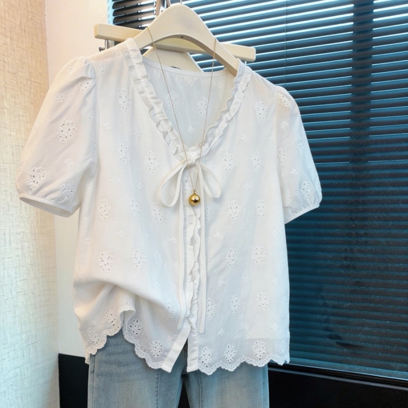 Summer short sleeve small shirt embroidery tops for women