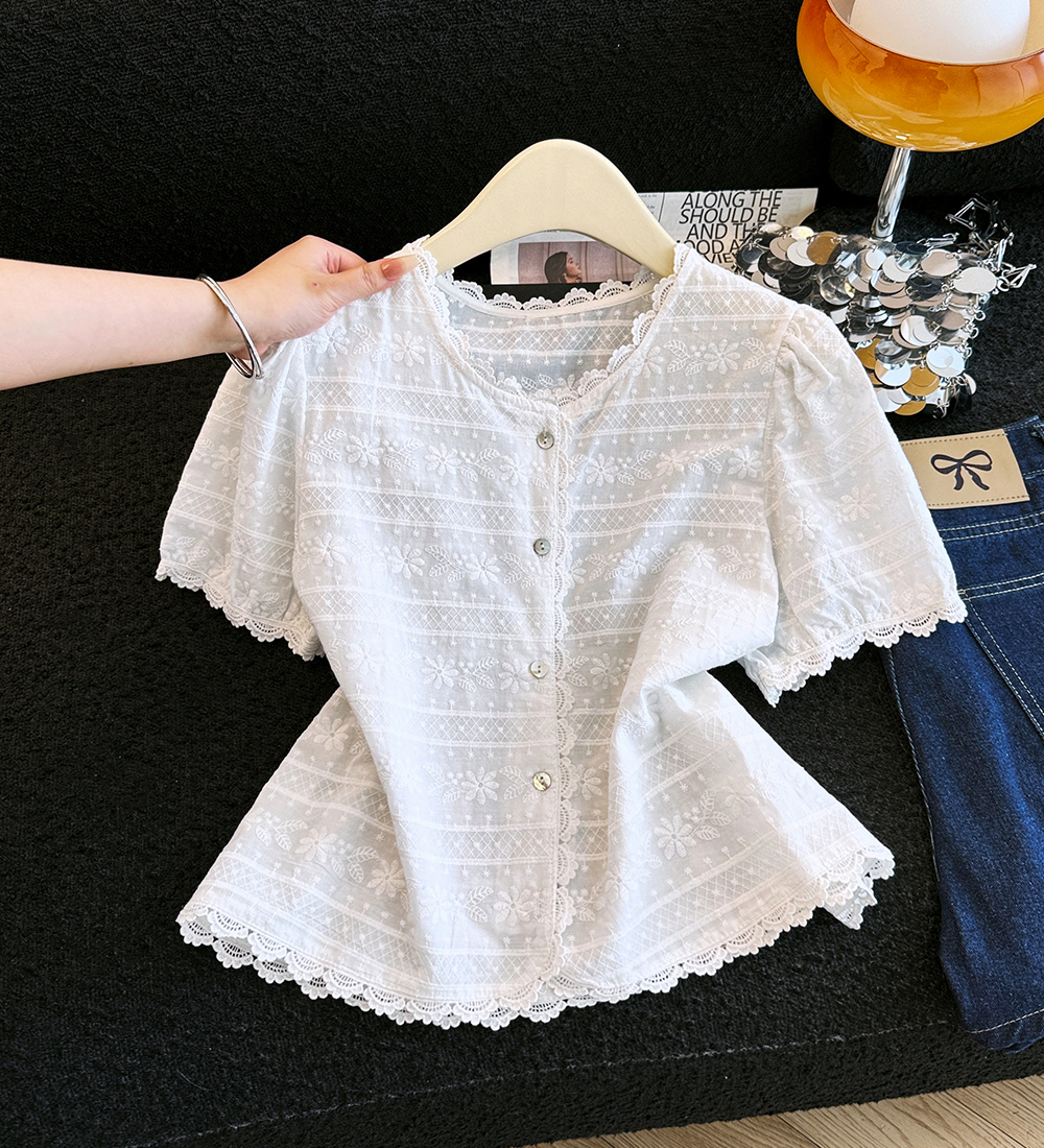 Embroidery splice tops summer short sleeve shirt