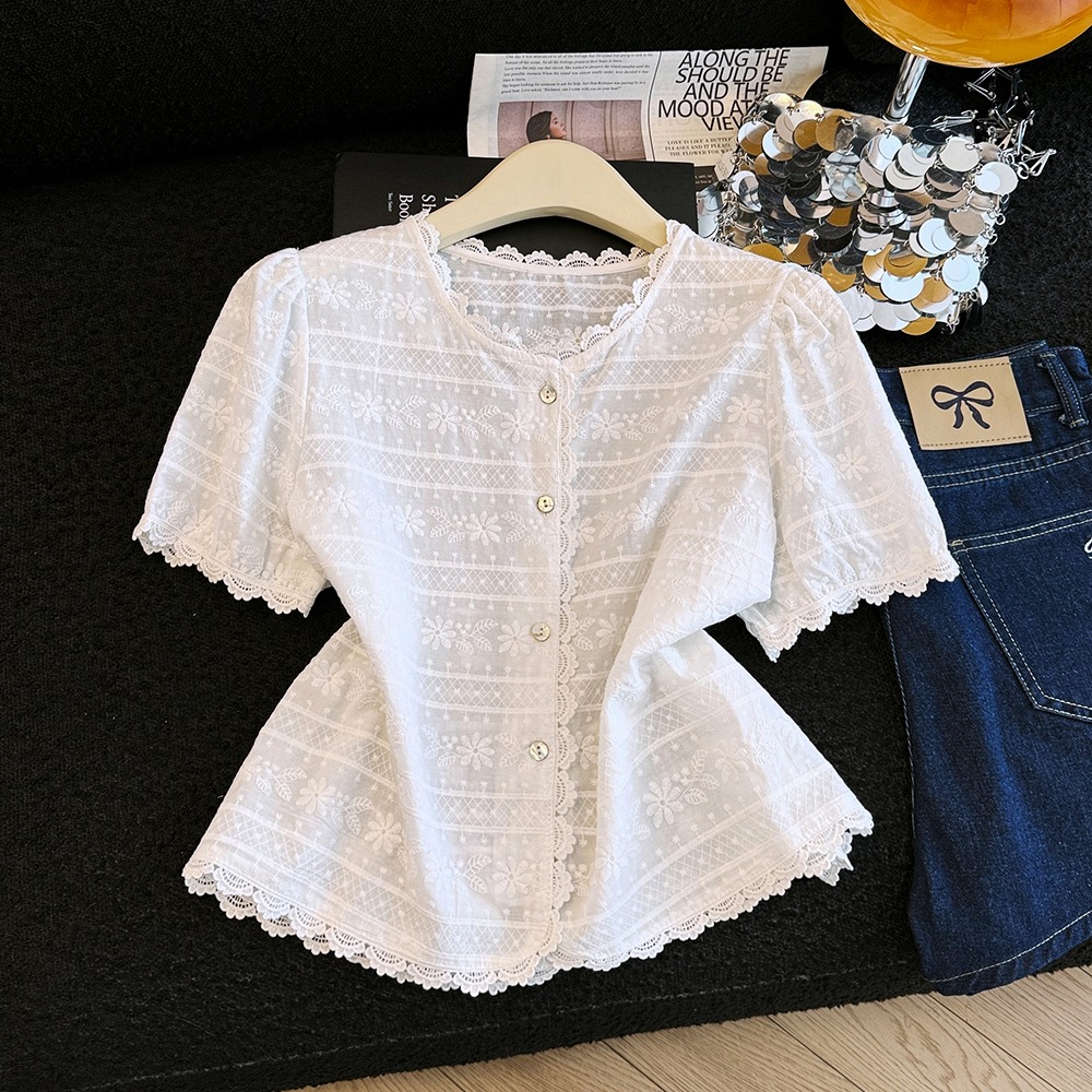 Embroidery splice tops summer short sleeve shirt