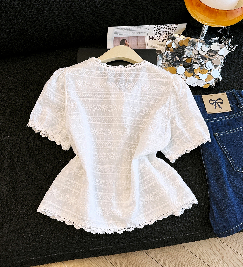 Embroidery splice tops summer short sleeve shirt