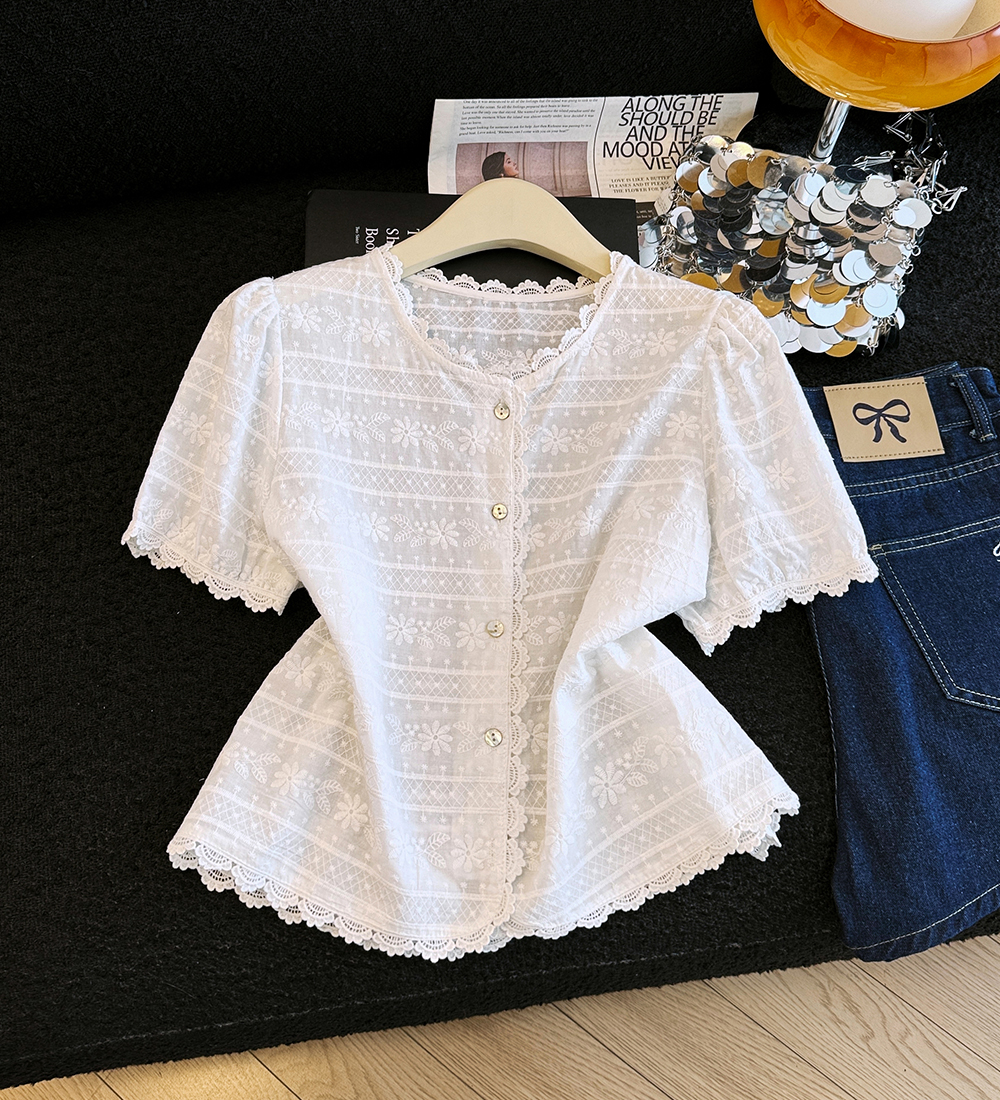 Embroidery splice tops summer short sleeve shirt
