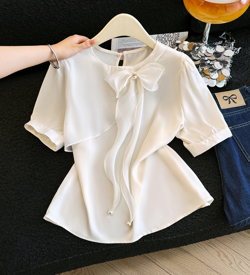 Summer beading small shirt short sleeve bow tops for women