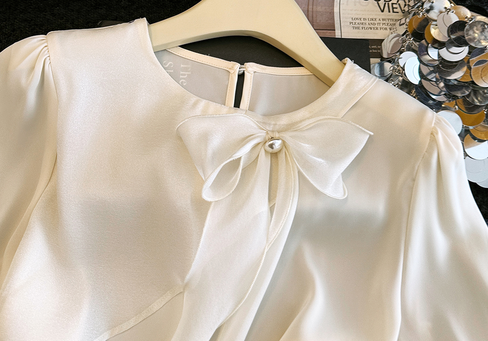 Summer beading small shirt short sleeve bow tops for women