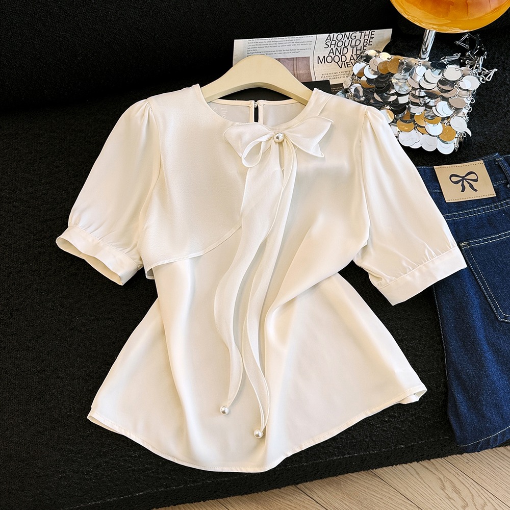 Summer beading small shirt short sleeve bow tops for women