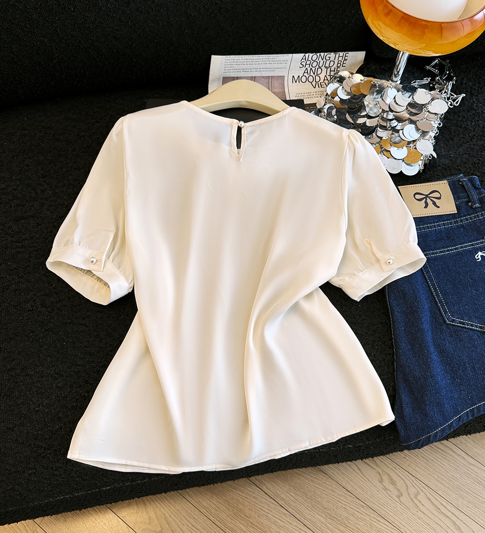 Summer beading small shirt short sleeve bow tops for women