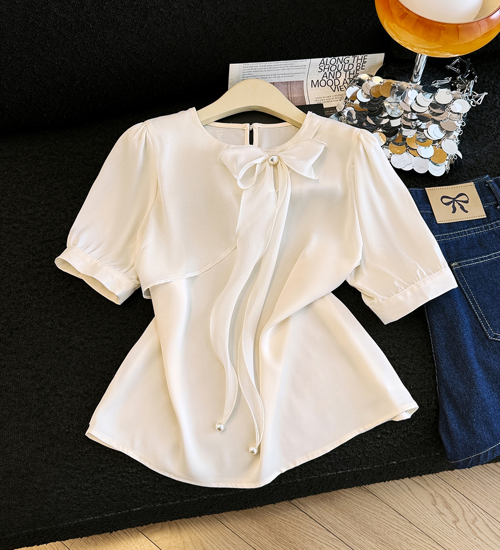 Summer beading small shirt short sleeve bow tops for women