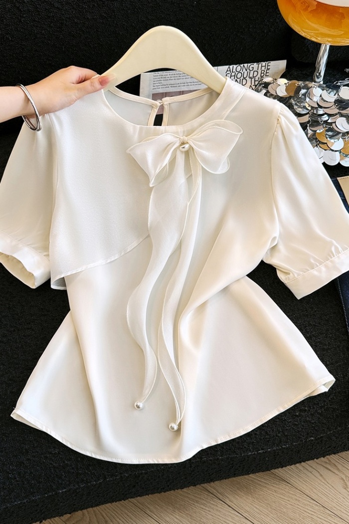 Summer beading small shirt short sleeve bow tops for women