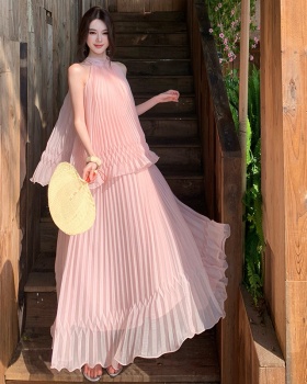 Halter pink dress seaside vacation long dress for women
